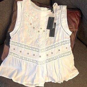 Buffalo David Bitton White Cotton Eyelet Embroidered Peplum Top NWT